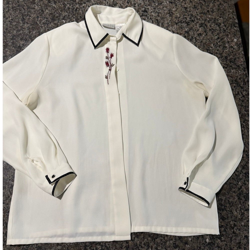 Koret Womens Off White Floral Embroidered‎ Long Sleeve Button Up Blouse Size 12